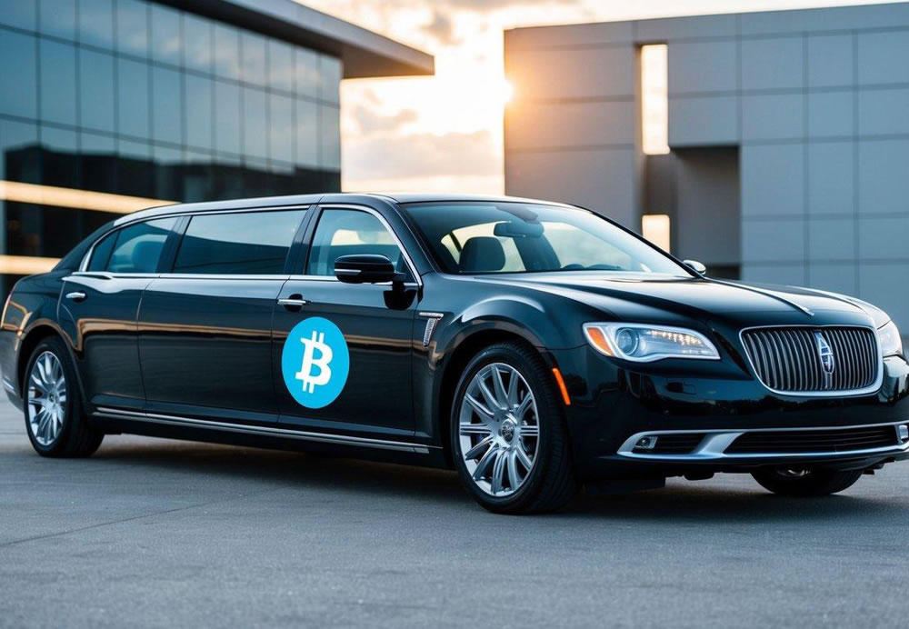 A sleek limousine parked in front of a futuristic building, with a digital Bitcoin payment logo displayed on its exterior