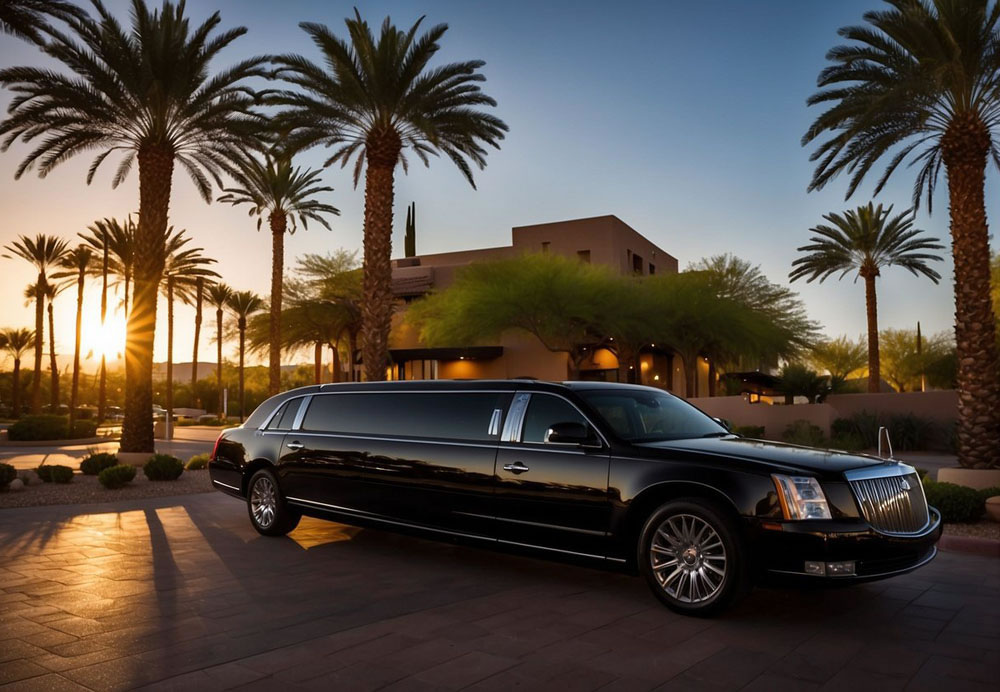 A sleek black limousine pulls up to a grand hotel entrance in the heart of Scottsdale, Arizona. The sun sets behind the city skyline, casting a warm glow on the luxurious vehicle