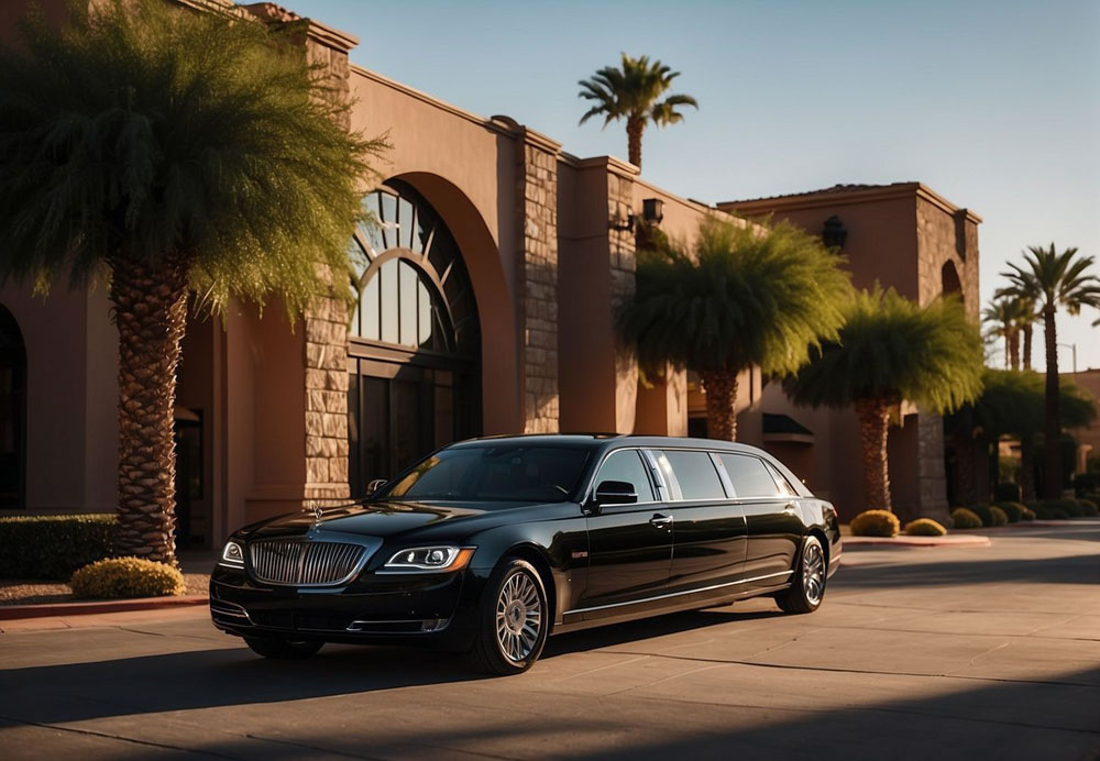 A sleek black limousine pulls up to a luxury hotel entrance in Scottsdale, Arizona. The sun is setting, casting a warm glow on the palm trees and elegant architecture